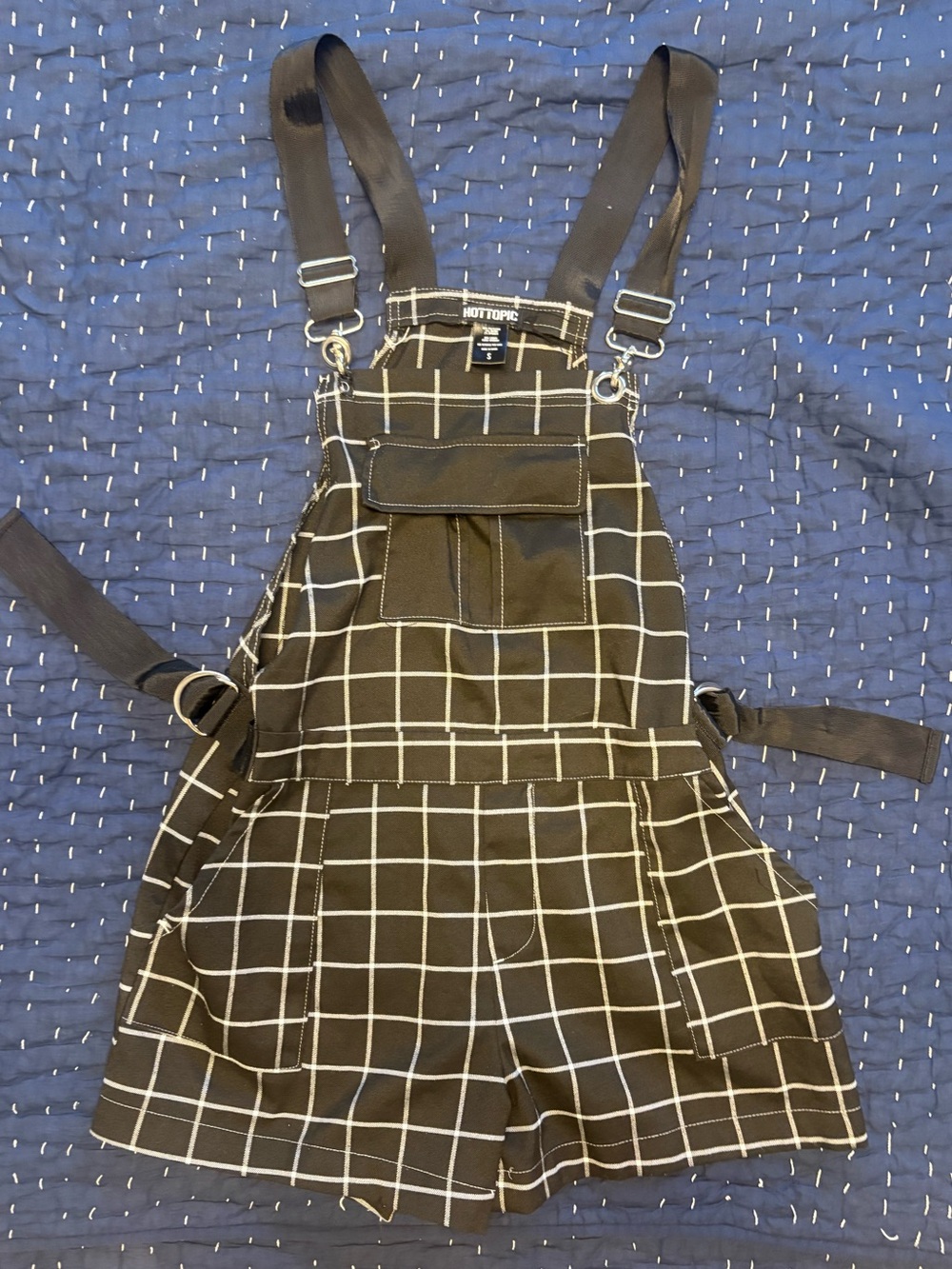 Hot Topic Black & White Windowpane Plaid Overall Shorts